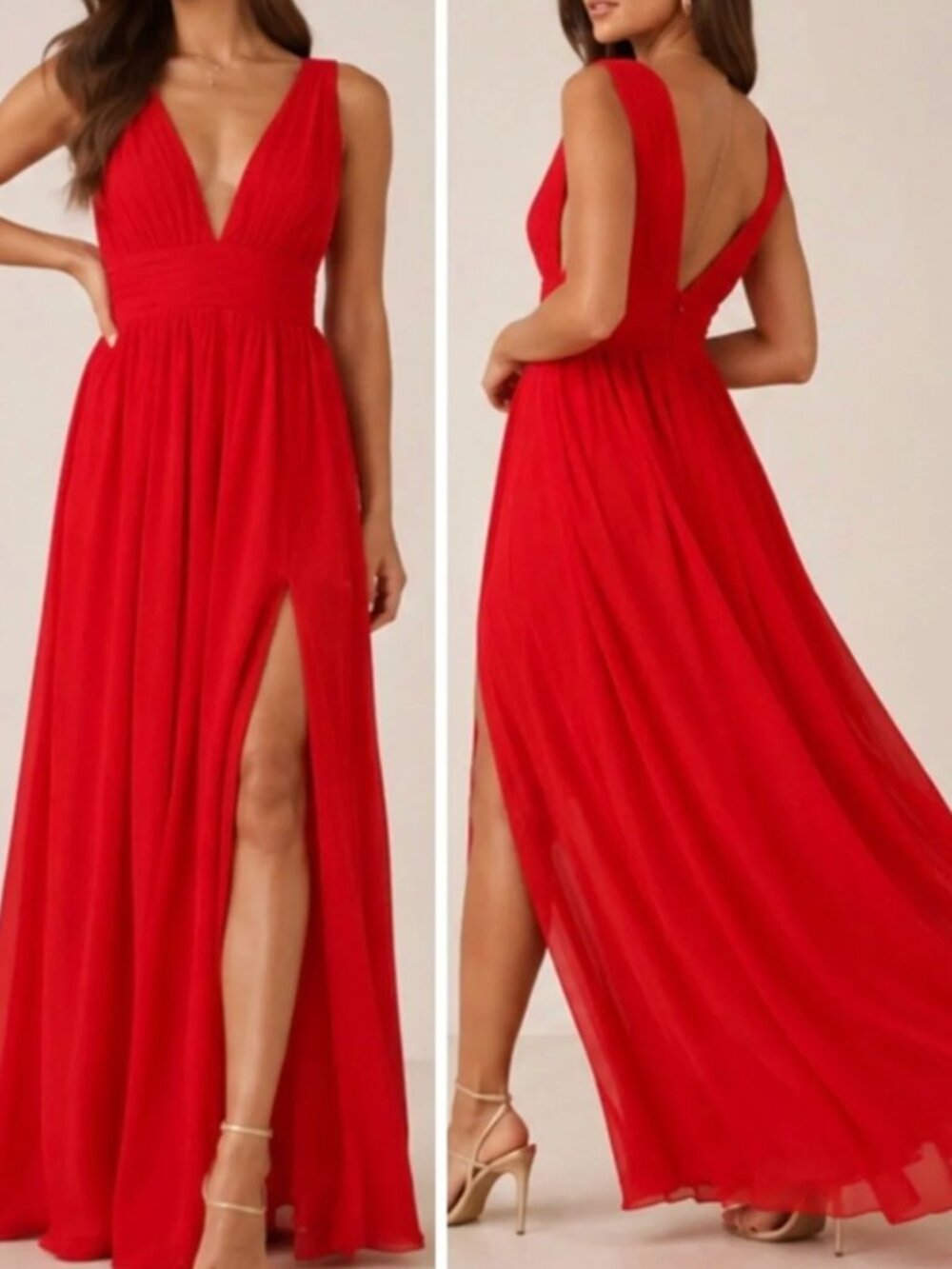 Lulus heavenly hues red maxi slit dress goddess style, SMALL euc